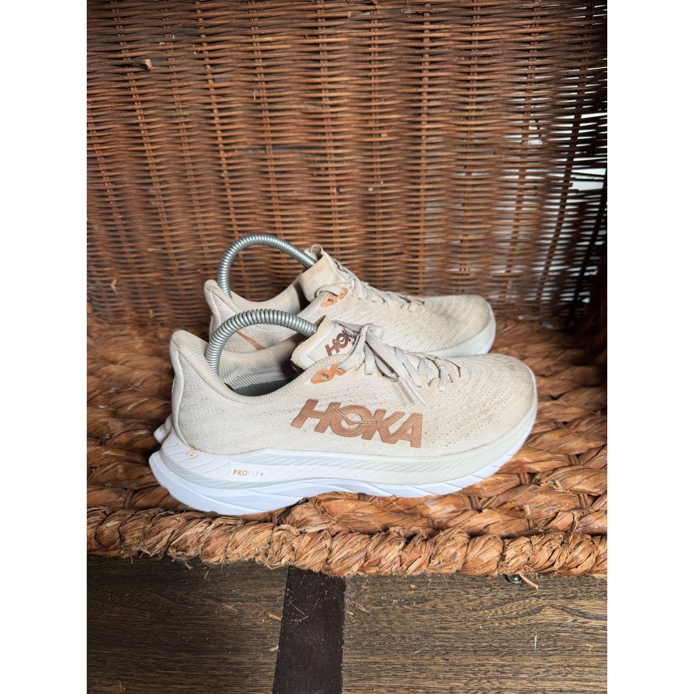 Hoka Mach 5 Mens Running Shoes Cream Rose Gold PROFLY+ Road Trainers